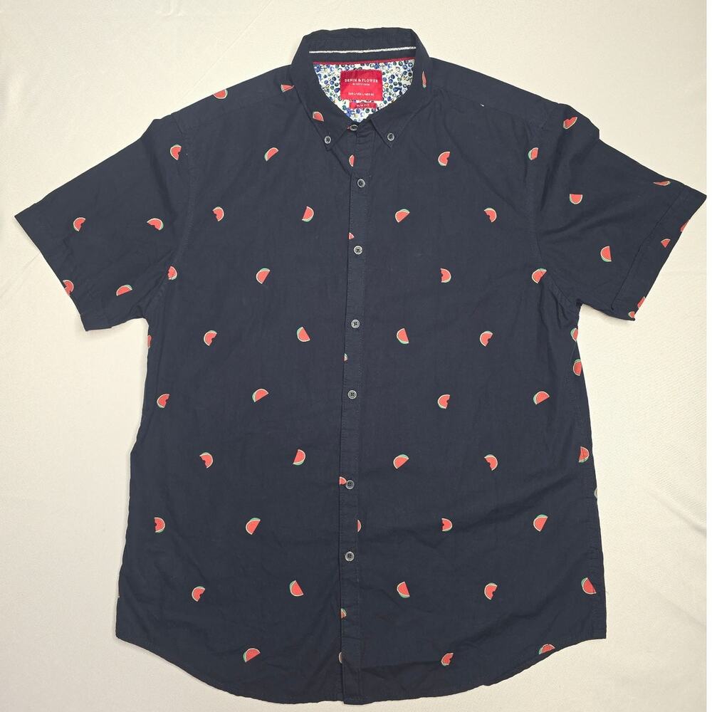 Denim & Flower Navy Blue Watermelon Print Short-Sleeve Button-Up Shirt Size L